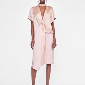 Zara Blush Knotted Satin Midi Dress Plunging Neckline Leg Slit‎ Button Collar, S